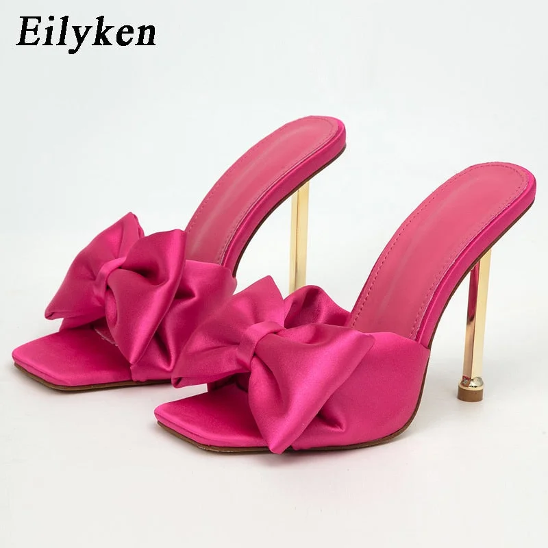 Eilyken 2022 New Arrival Silk Butterfly-knot high heels Women Slippers Sandals Square toe Mule Slippers Slides Party shoes