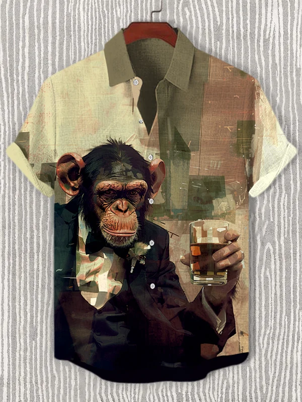 Men's Retro Gentleman Monkey Drinking Art Print Casual Shirt