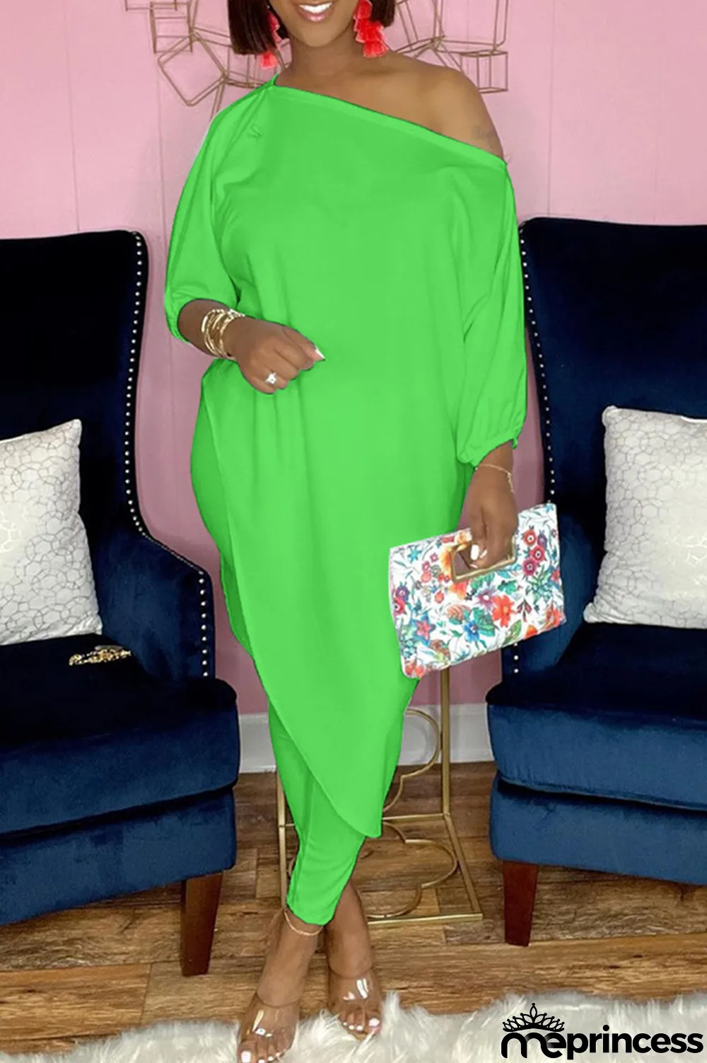 White Casual Print Split Joint One Shoulder Three Quarter Two Pieces