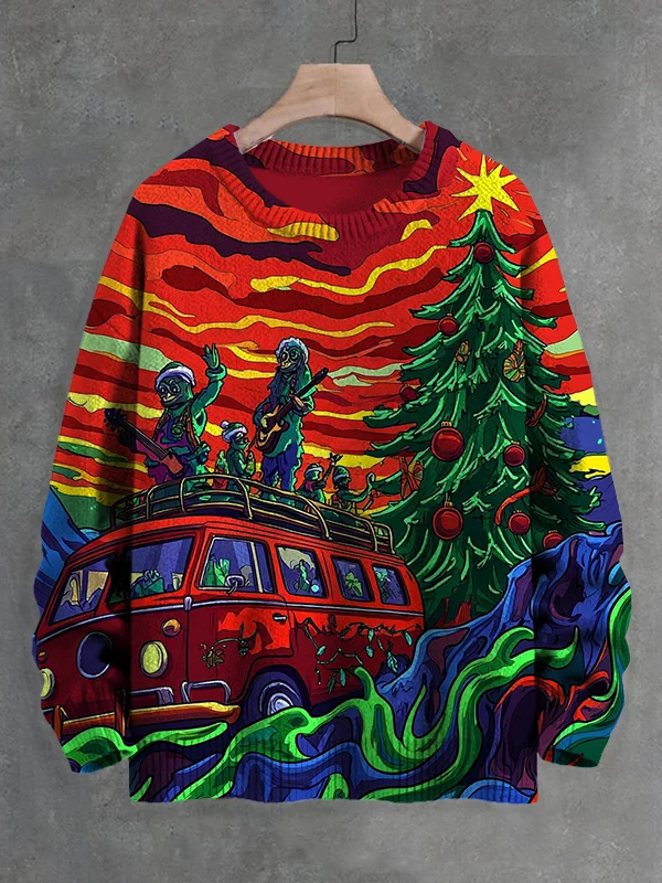Men's Christmas Hippie Bus Band Performance Print Knit Sweatshirt