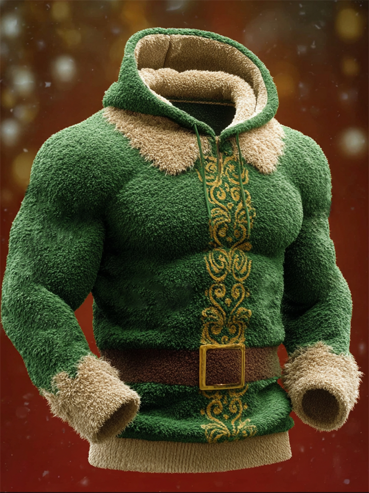 Men's Vintage Christmas Elf Inspired Cozy Plush Hoodie elevenforest