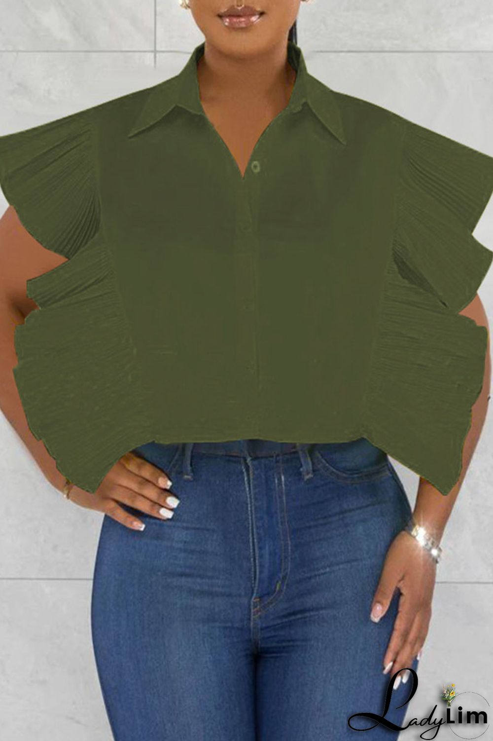 Rose Red Casual Solid Patchwork Buckle Flounce Turndown Collar Tops