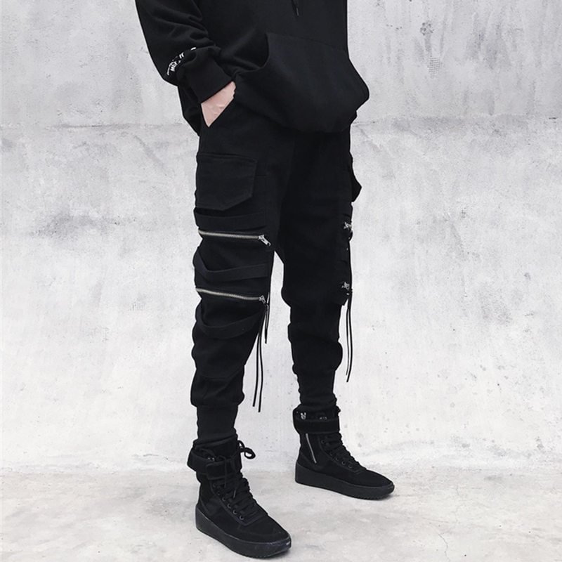 Street Style Long Strap Black Multi-pocket Bondage Casual Jogger Pants