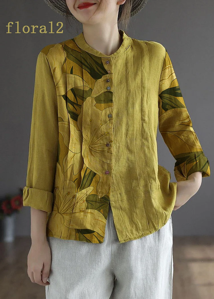 Women Yellow-floral2 Elegant Button Fall Top Long Sleeve Linen