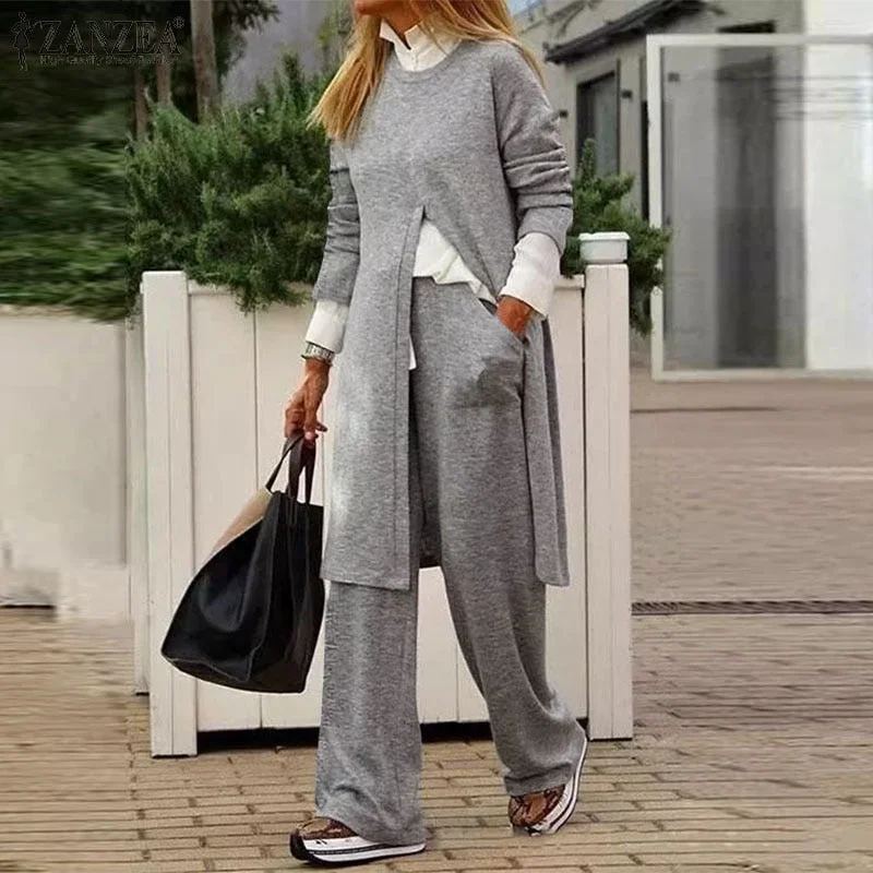 2PCS ZANZEA Women's Tracksuit Autumn Trouser Suits 2022 Urban Casual Solid Matching Sets Long Sleeve Wide Leg Pant Sets Mujer