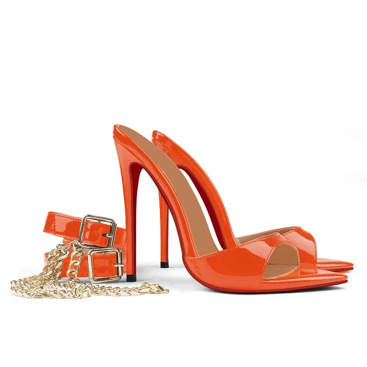 120mm Women's Sandals Removable Chain Ankle Strap Pointed Toe Mules Heels-vocosishoes