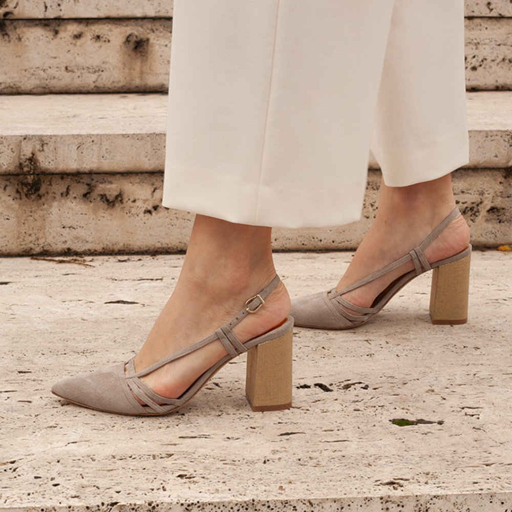 Nude Faux Suede Closed Toe 3'' Chunky Heel Slingback Pumps Nicepairs