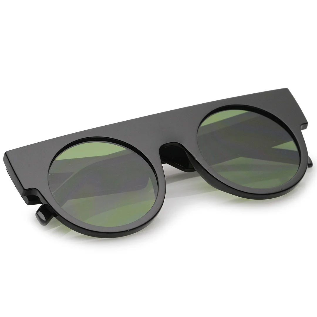 Futuristic Flat Top Wide Temple Flat Lens Round glasses 47mm