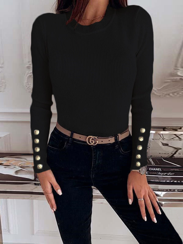 Women Scoop Neck Long Sleeve Knit Solid Color Sweater Tops