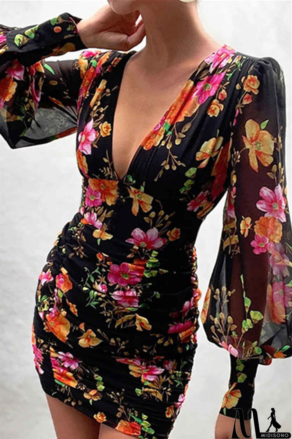 MidiSono - Green Fashion Sexy Print Fold V Neck Long Sleeve Dresses