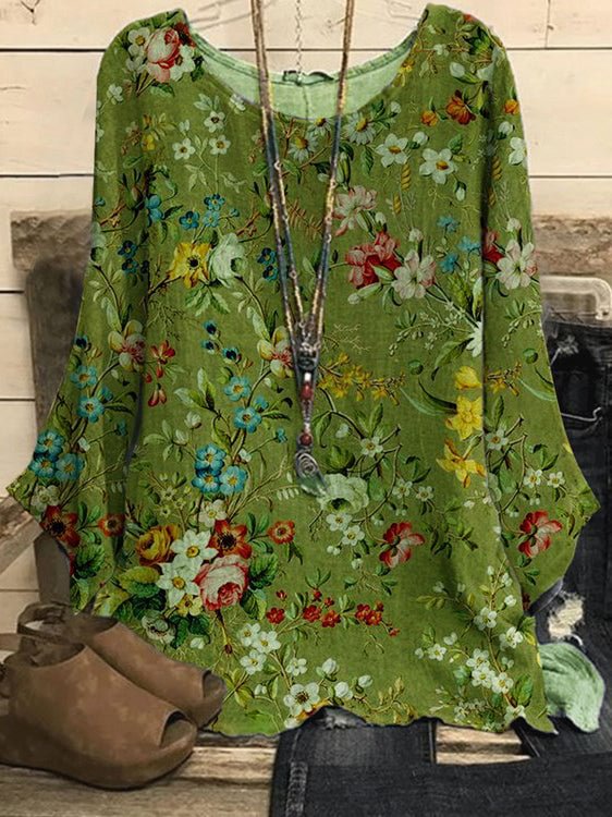 Casual Round Neck Floral Print Top