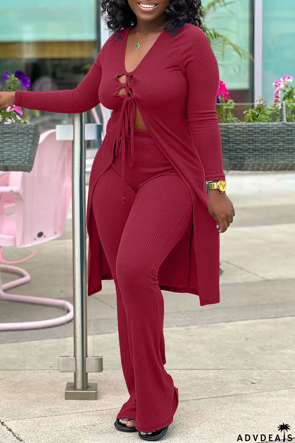 Black Sexy Solid Bandage Patchwork V Neck Long Sleeve Two Pieces