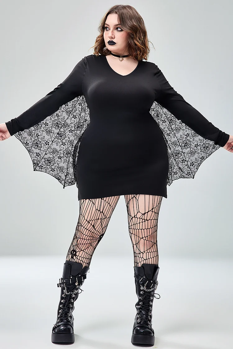 Xpluswear Design Plus Size Casual Halloween Costume Gothic Black Bat V-Neck Long Sleeve Knitted Mini DressShips 24h - Xpluswear.com Xpluswear Design Plus Size Casual Halloween Costume Gothic Black Bat V-Neck Long Sleeve Knitted Mini DressShips 24h - Xpluswear.com