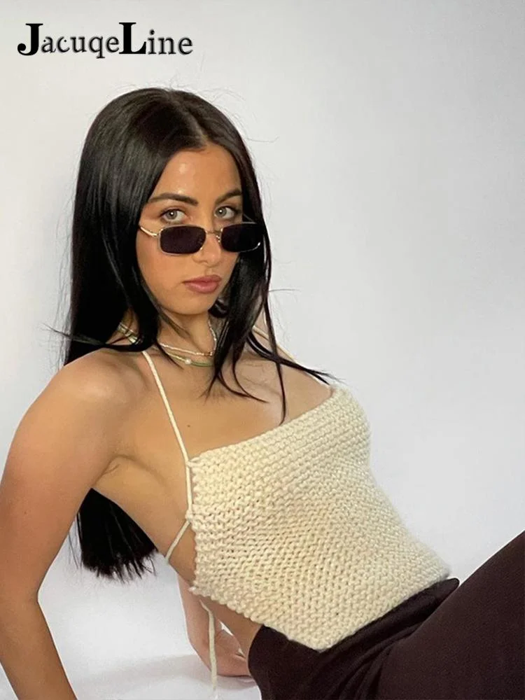 JacuqeLine 2022 Y2K Elegant Sleeveless Knitted Tank Top for Women Summer Sexy Backless Halter Camis Tops Party Club Clothes