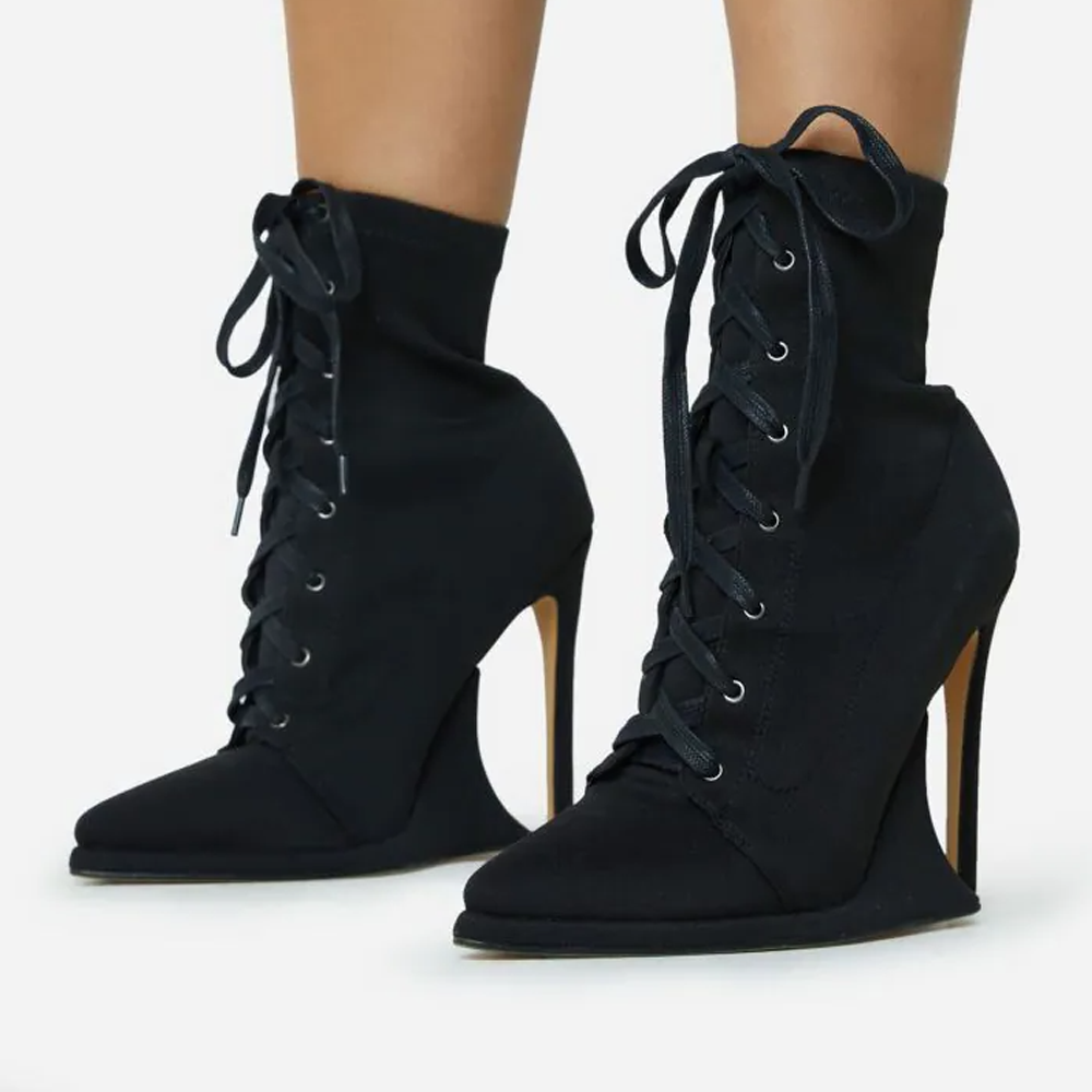Women's Black Pointed Toe Fashion Stiletto Heels Lace Up Boots Nicepairs