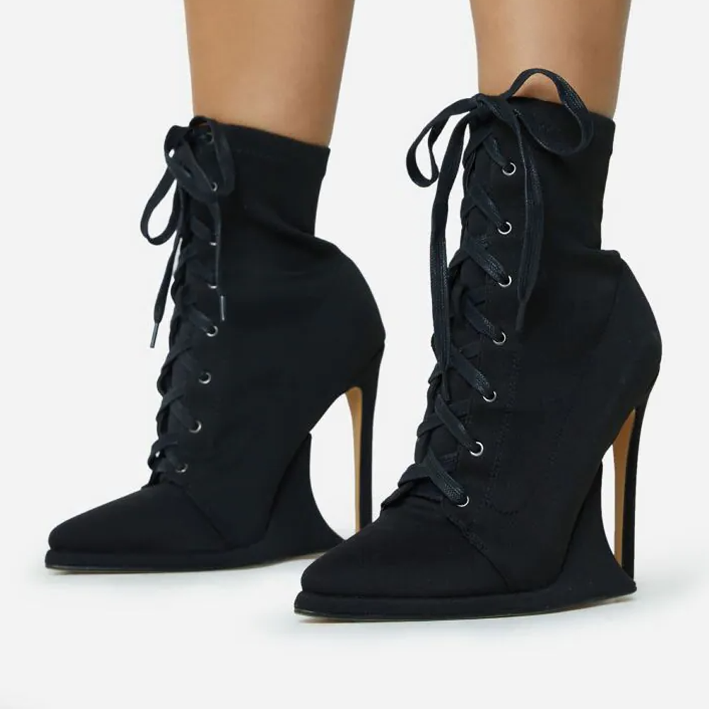 Black Pointed Toe Suede Boots With Platform Lace Up Boots Nicepairs