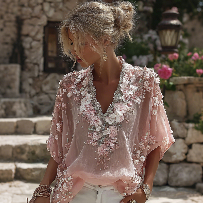 Women's Pink Cherry Blossom Embroidered Linen Blend T-shirt wearshes