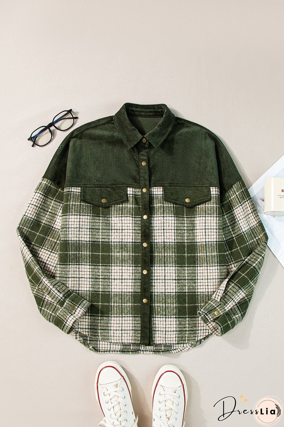 Green Plaid Corduroy Jacket with Pockets