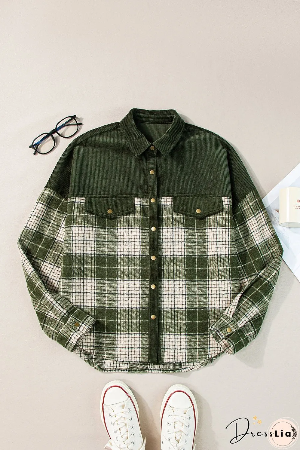 Green Plaid Corduroy Jacket with Pockets