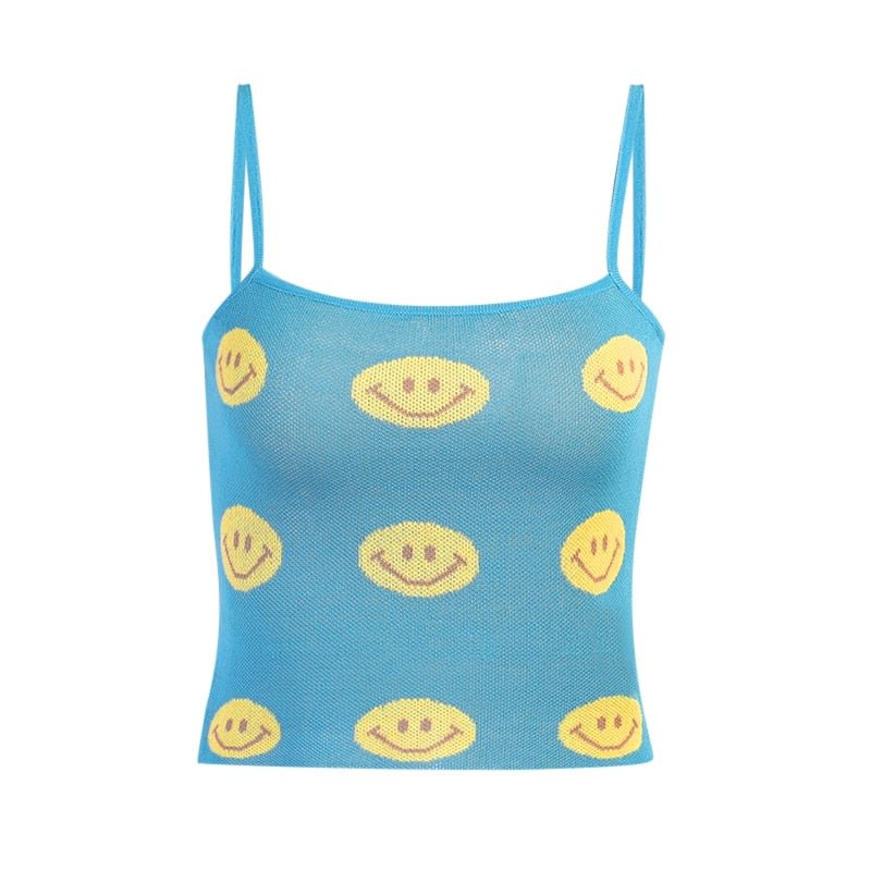 InstaHot Smil Printing Knitted Camis Fashion Casual Slim Cropped Top Summer Women Streetwear Camisole 2021 Sleeveless Camis Top