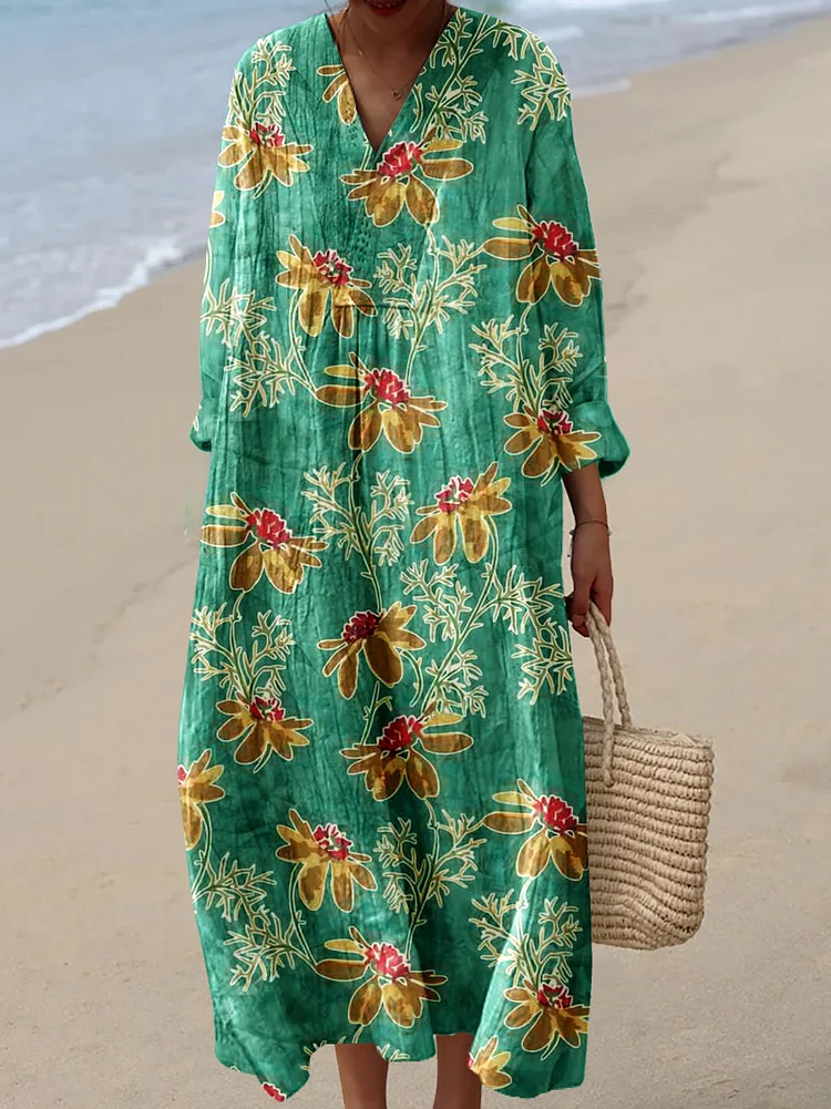 Womens Artistic Beautiful Floral Pattern Print Casual Cotton And Linen Dress