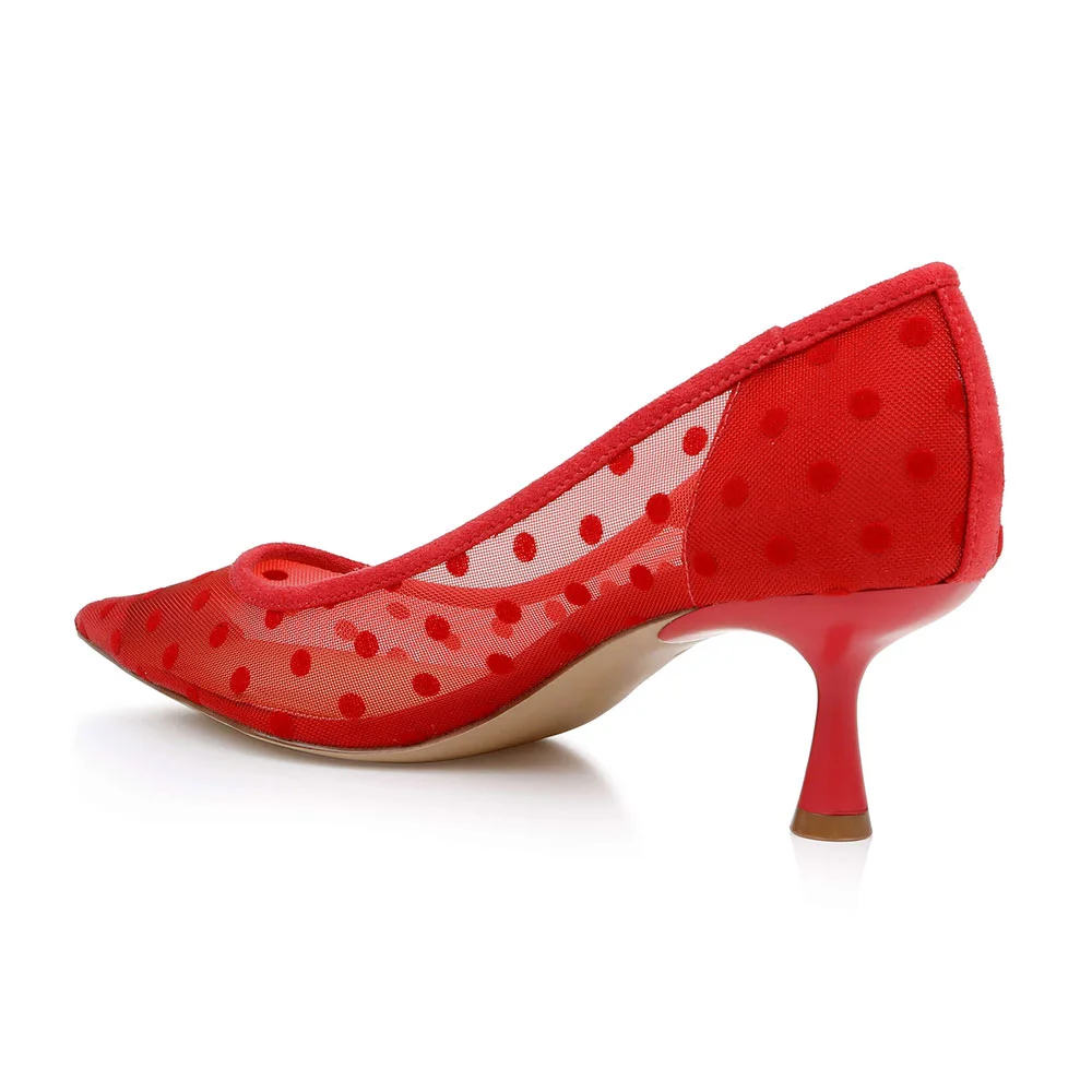 Women's Comfy Mesh Pointed Toe Polka Dot Red Heels Pumps Shoes