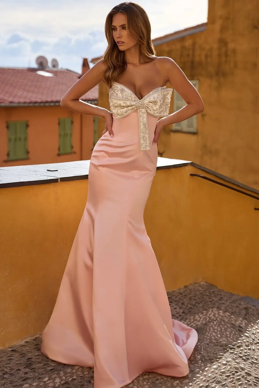 Daisda Pink Sleeveless Strapless Beads Mermaid Prom Dress With Bowknot