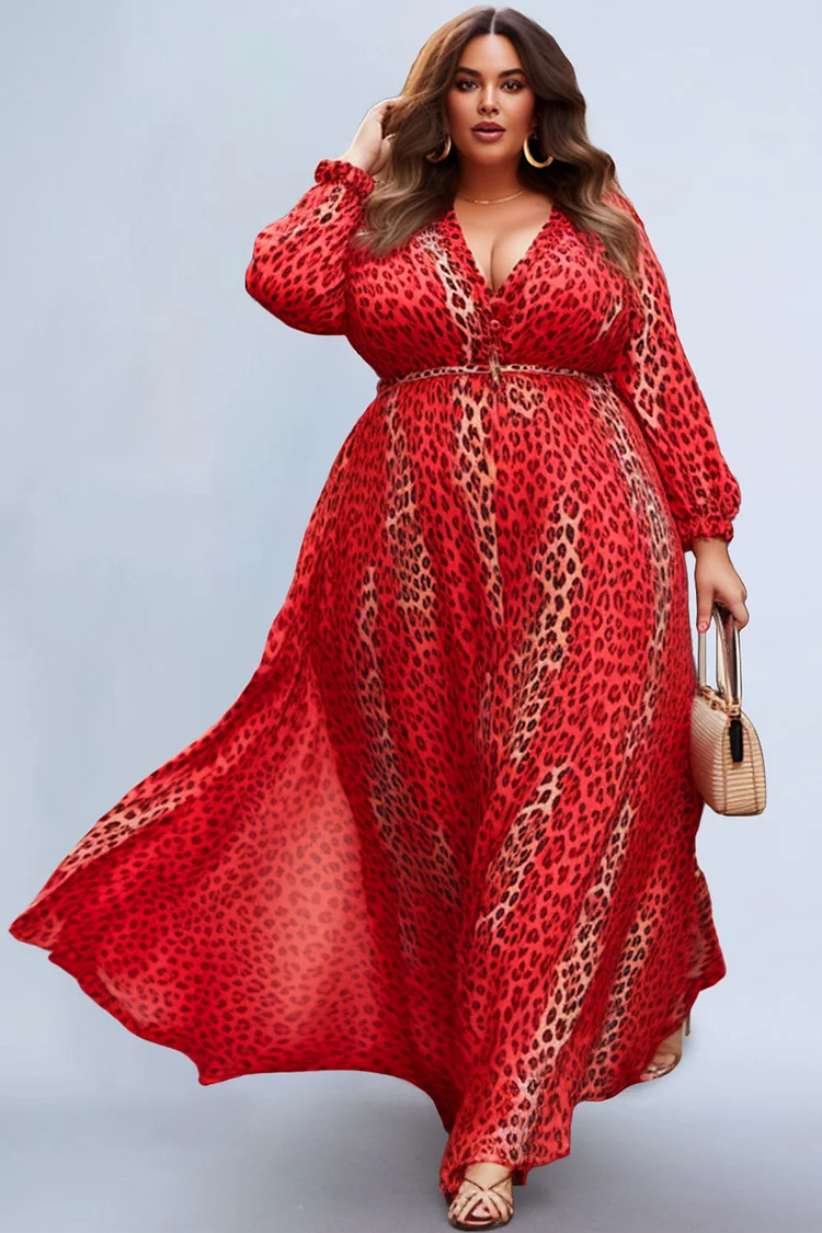 Xpluswear Design Plus Size Boho Red Leopard Spring Summer V Neck Long Sleeve Maxi Dresses 