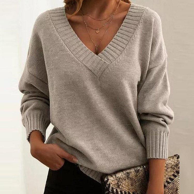 Basic V-Neck Taupe Plain Sweater