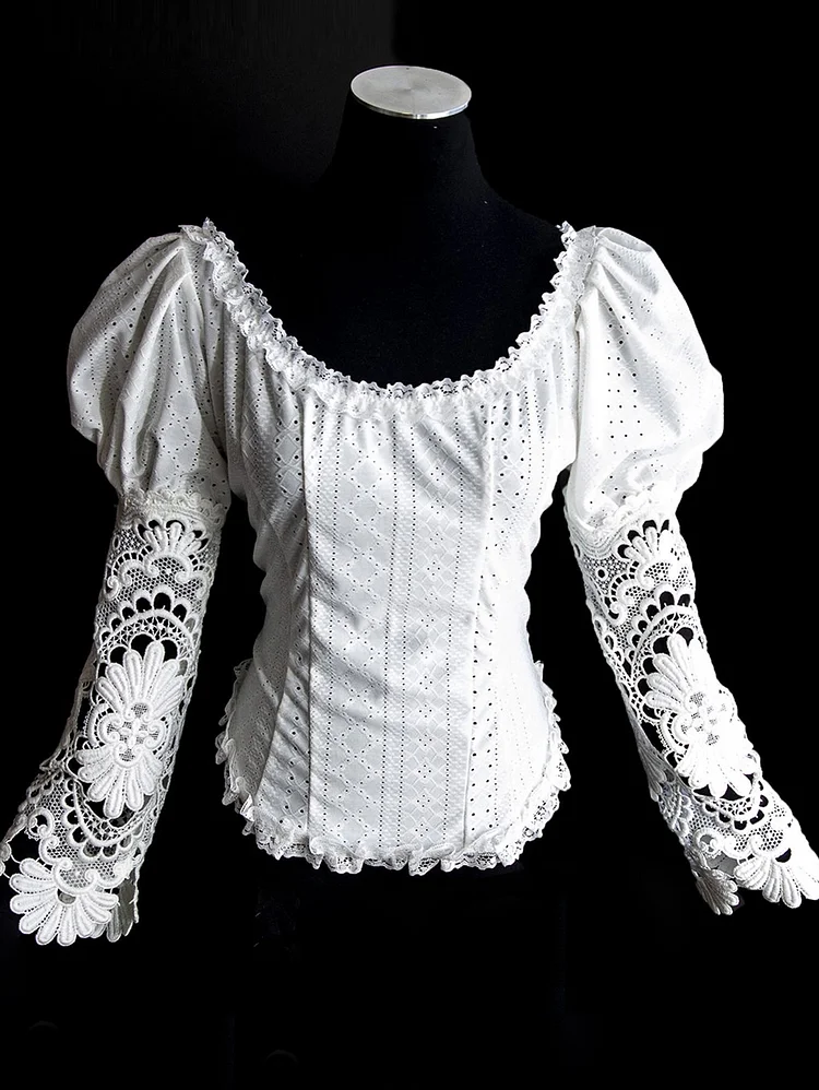 Vintage Puff Sleeve Hollow Out Lace Blouse