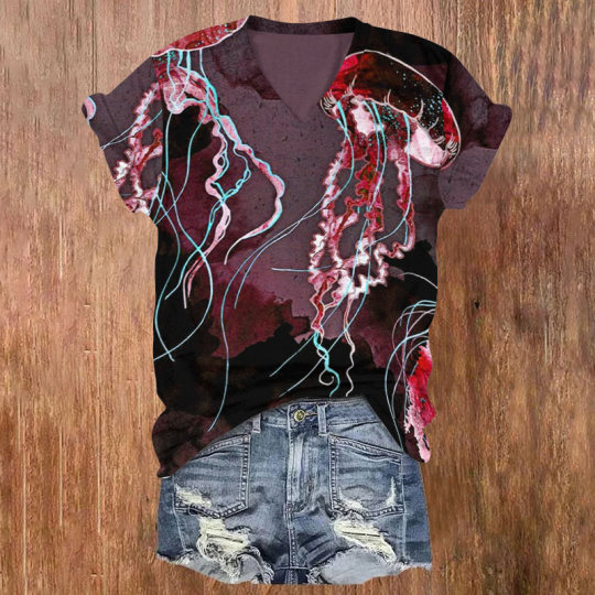 Comstylish Retro Metallic Ocean Jellyfish Art Print V-Neck T-Shirt