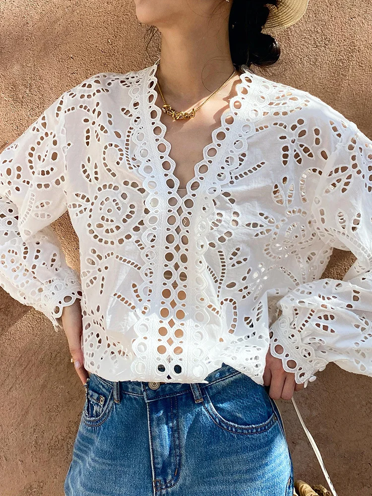 Dubeyi INSPIRED blouse white cotton eyelet details women's shirt loose boho style v-neck long sleeve tunic elegant women tops