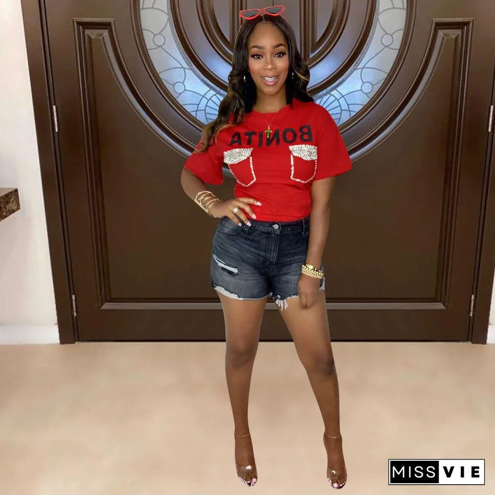 Hot Drilling Short Sleeve O Neck Casual T Shirt