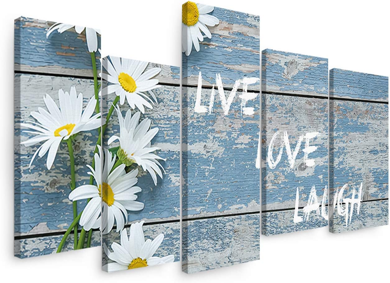 Canvas Wall Art 5 Piece Set for Living Room, White Daisy Flower Live Love Laugh with Shabby Chic Blue Wood Grain Picture Wall Decor Canvas Print Painting for Bathroom, Bedroom, Dining Room, Office, 12&#034;x24&#034;x4pcs, 12&#034;x32&#034;x1pc