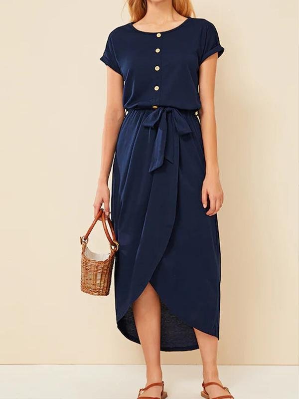 Ladies Multi-button Split Cotton&Linen Dress-dark blue,5size-Mayoulove