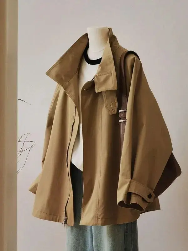 Khaki Cropped Trench Coat Jacket Vintage Autumn Casual American Cargo Wear Elegant Simple Clothing Zipper 2025 New Fashion
