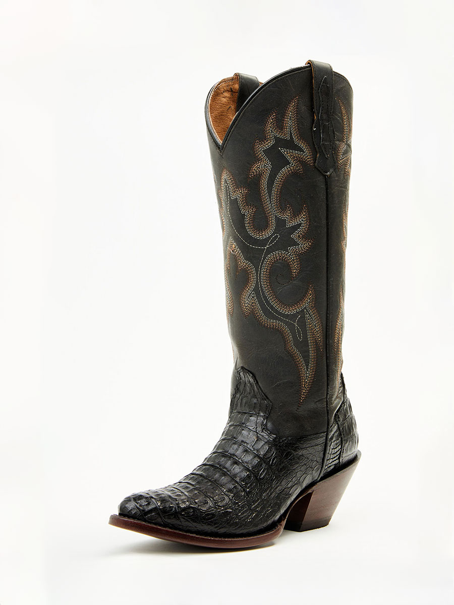 Black Croco Embossed Embroidered Pointed Toe Knee-High Cowgirl Boots