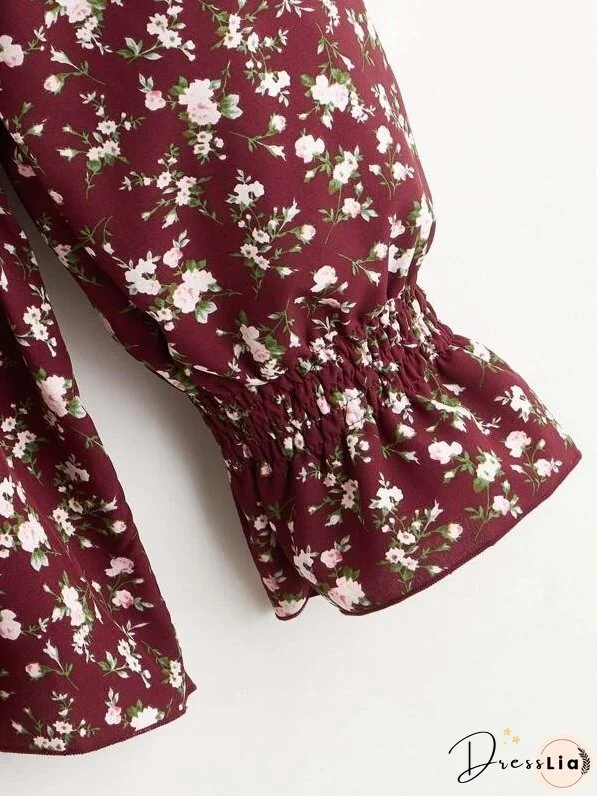 Plus Ditsy Floral Print Shirred Waist Blouse