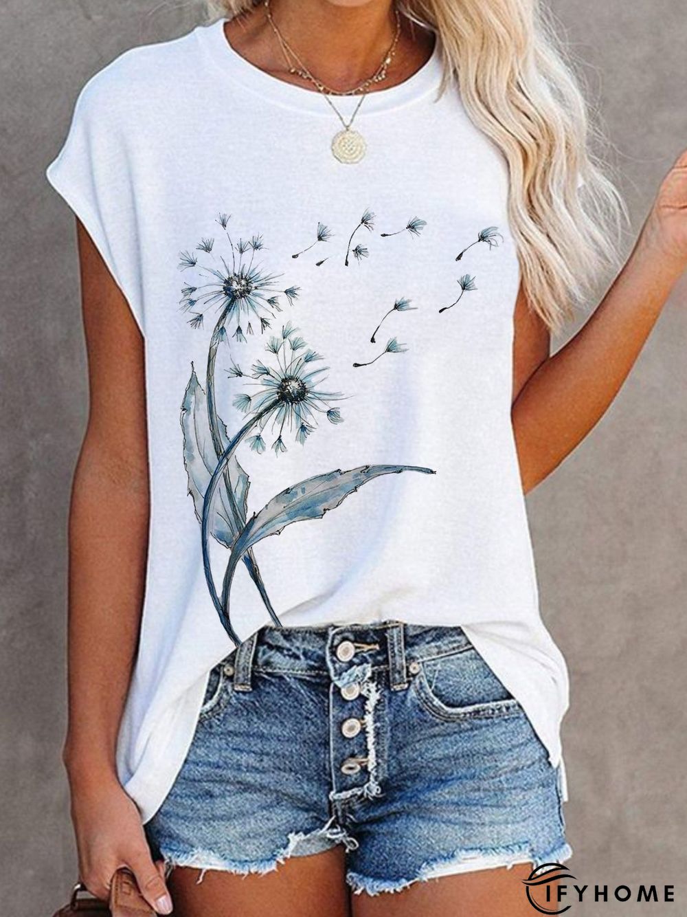 Casual Dandelion Short Sleeve Round Neck Printed Top Tunic T-Shirt | IFYHOME