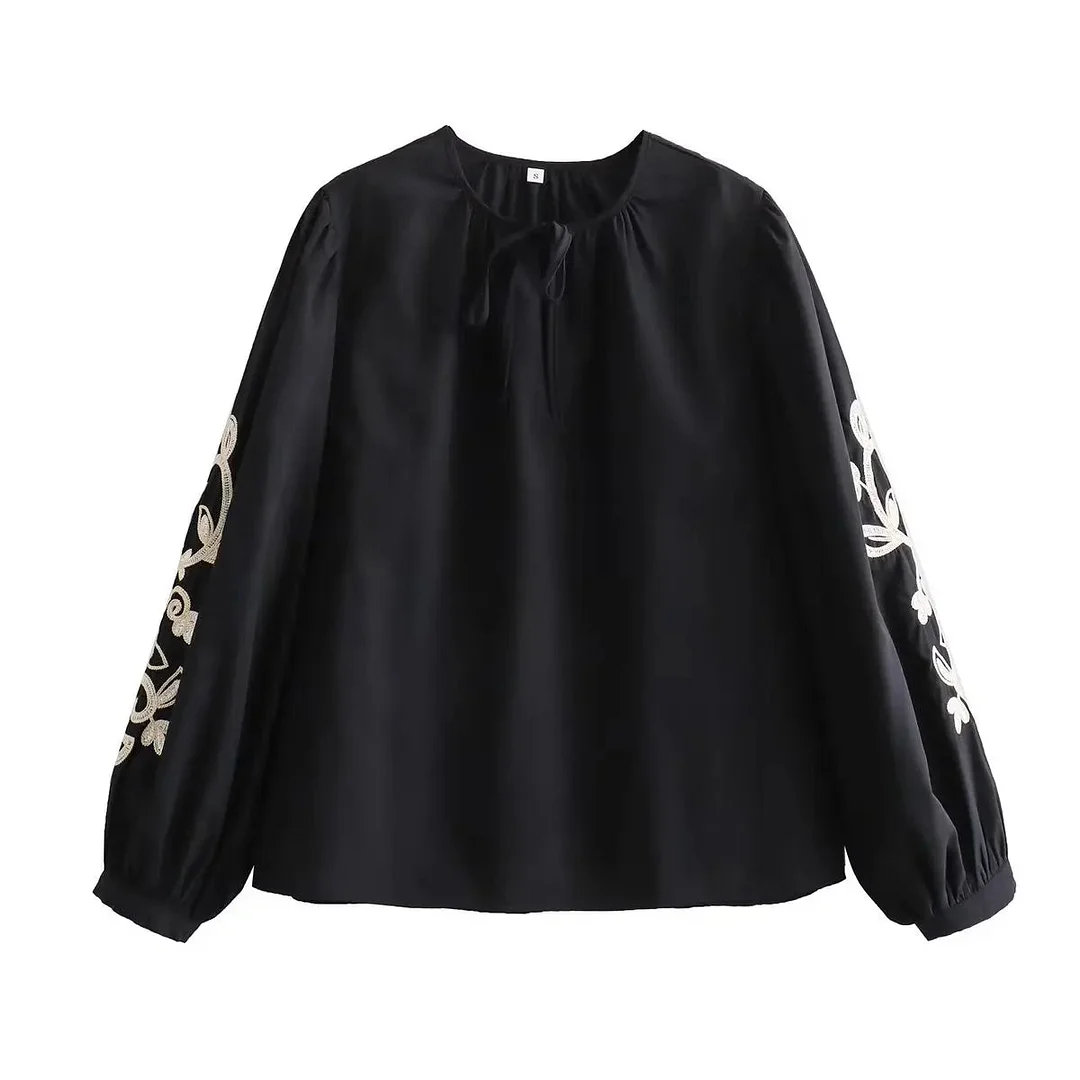 Tlbang Women Lacing Up O Neck Lantern Sleeve Embroidery Blouse Black Vintage Tops