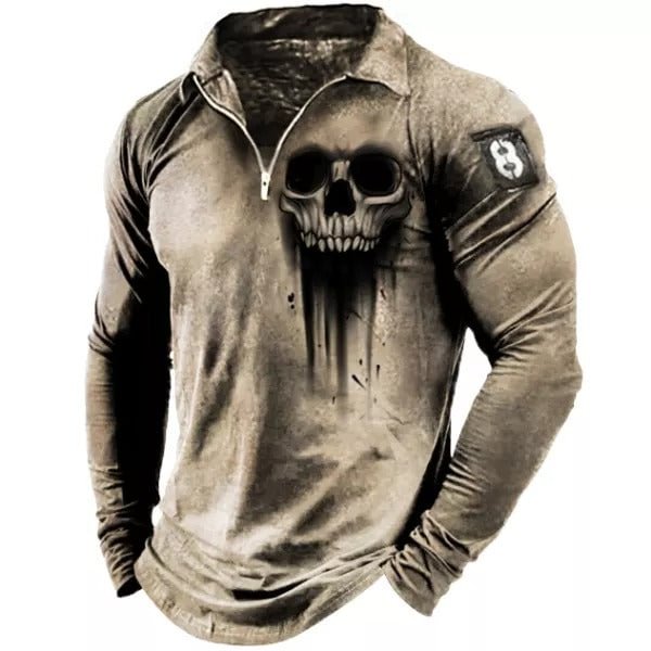 Mens Vintage Skull Long Sleeve ZipTie Classic Button-Down Pullover