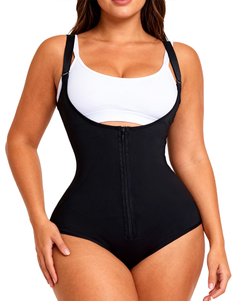 Adjustable Strap Full Body Shaper with Front Zipper Tummy Control