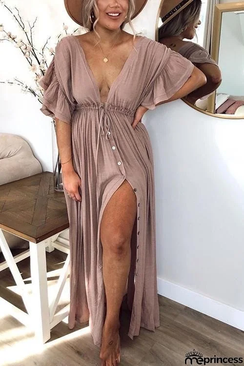 Button Drawstring Waist Bat Maxi Cover Dress