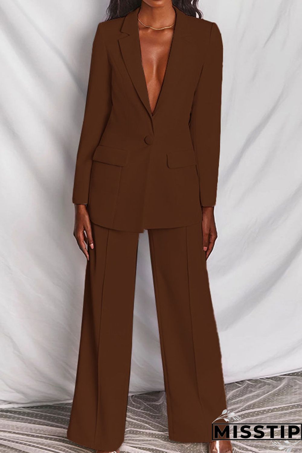 Coffee Casual Solid Buttons Turn-back Collar Long Sleeve Two Pieces