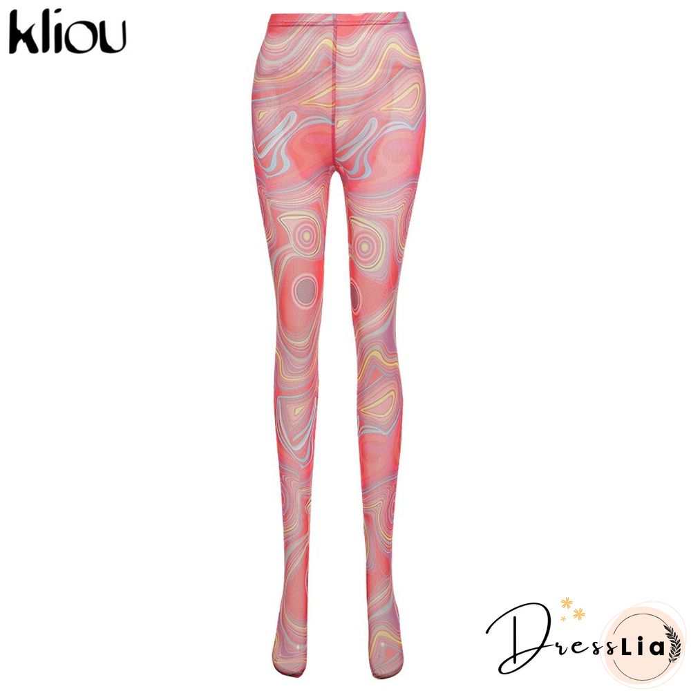 Kliou Mesh Print Foot Pants Women Medium Waist Skinny Body-Shaping Leggings Fashion Sexy High Street Female Trousers Hot