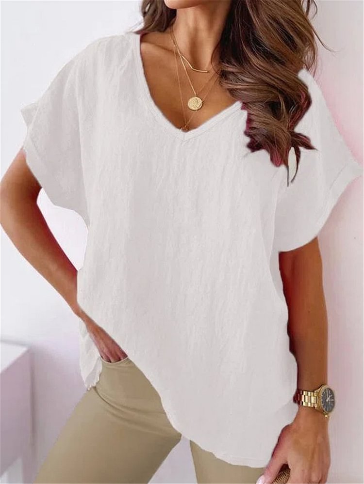 Women's T-shir Short Sleeve Casual Shirts & Tops Solid Cotton Linen Short Sleeve V-neck Shirt t