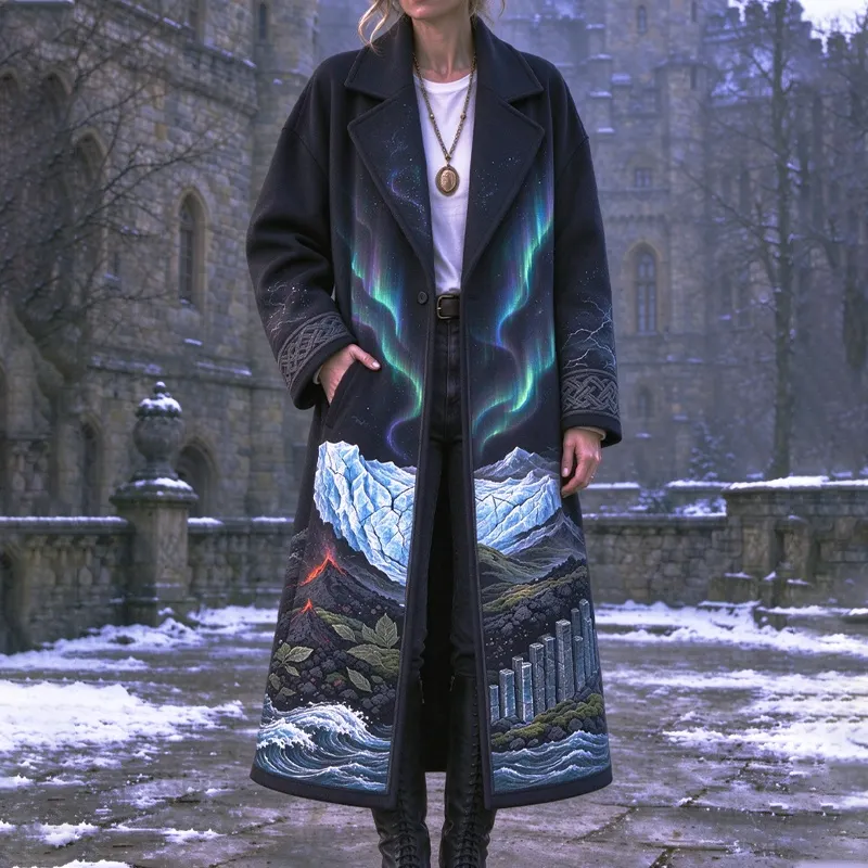 Comstylish Women's Long Coat With Nordic Aurora Landscape Print