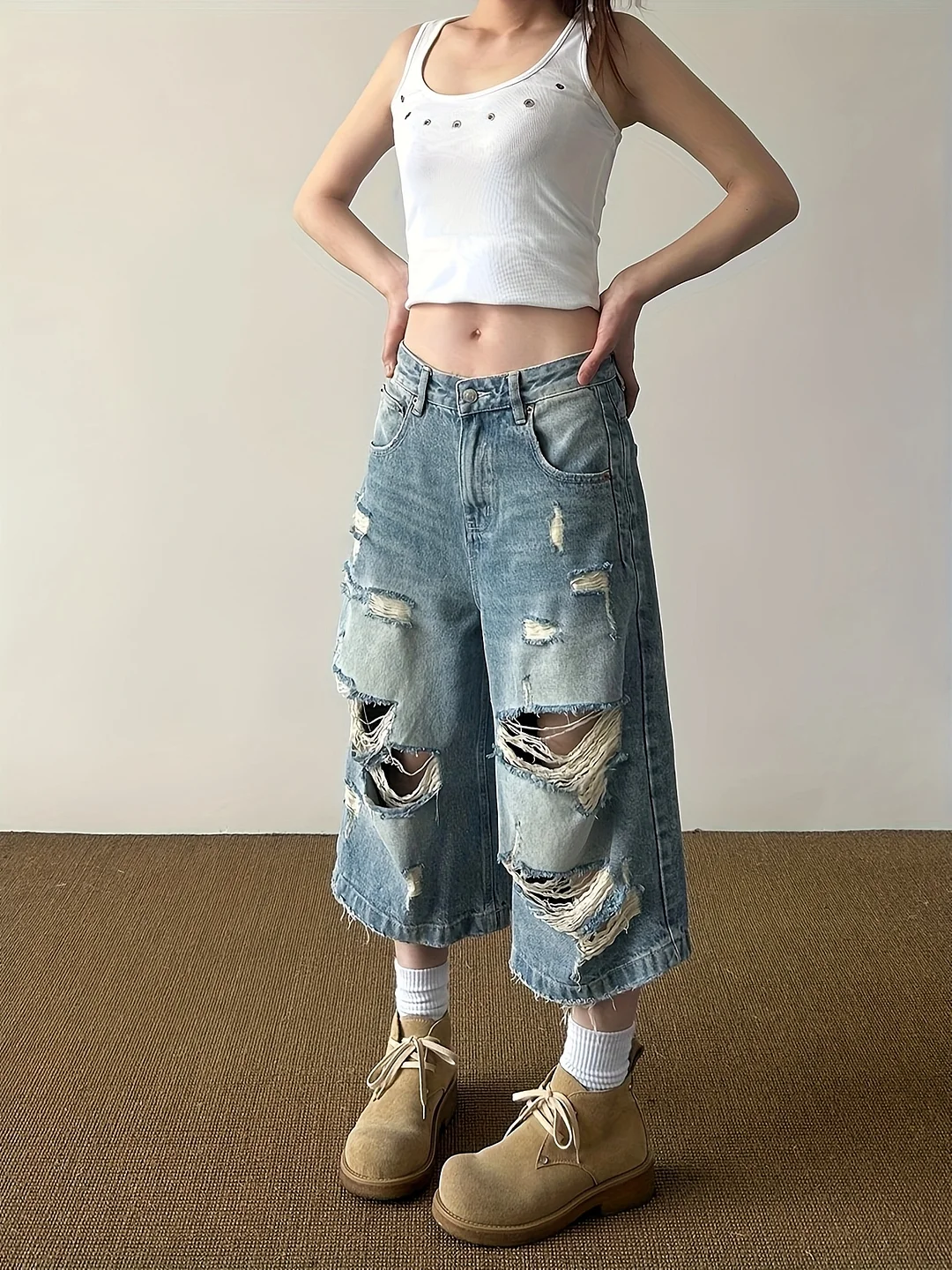 Fashionable Washed Street Trend Loose Ripped Jeans, Women's Trend Ripped Jeans Capri Pants, Versatile, Everyday Comfort, Casual And Slim | IFYHOME