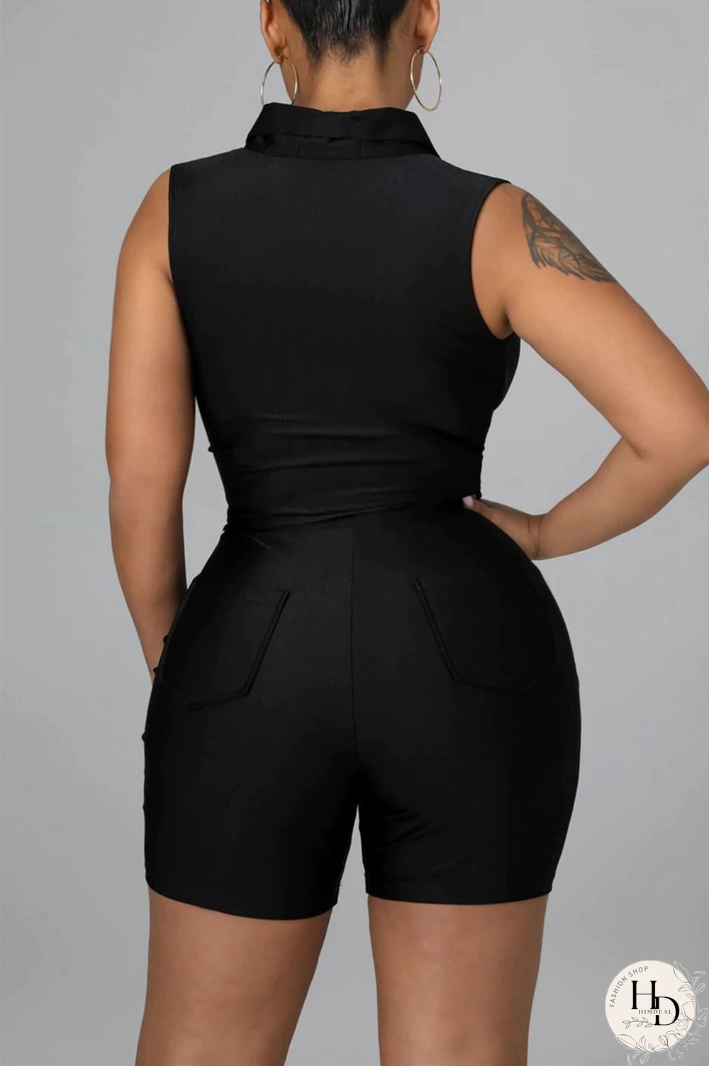 Black Fashion Casual Solid Basic Turndown Collar Sleeveless Two Pieces