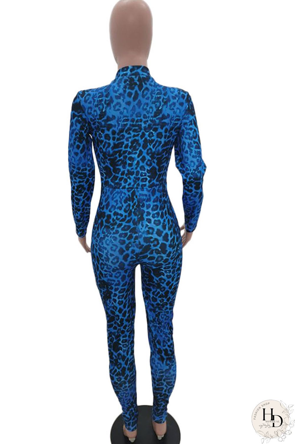 Blue Sexy Print Polyester Long Sleeve O Neck Jumpsuits